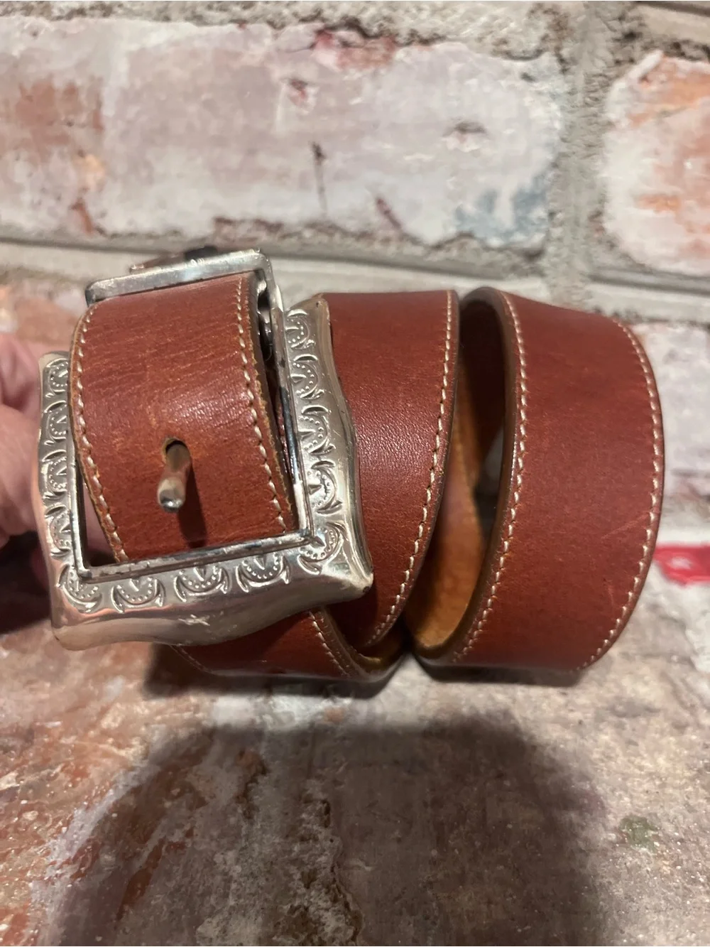 Brown Leather Brighton Belt with Engraved Silver Buckle 26